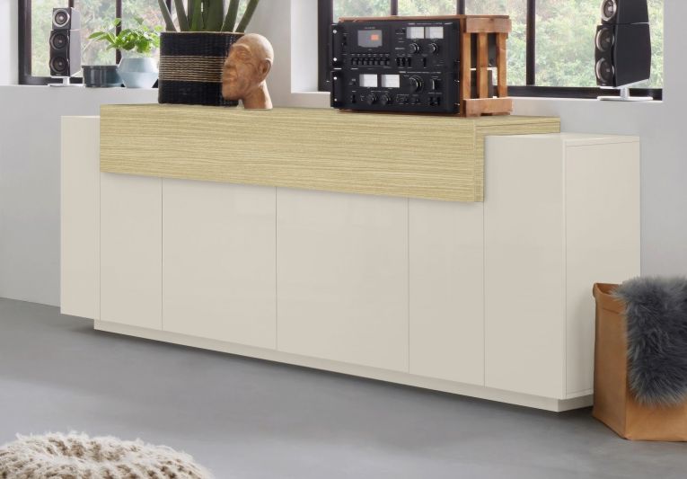 Credenza Beige 3 Ripiani Apertura Battente, a Ribalta 200x45x85.5h cm, 5 Ante - Pulfero