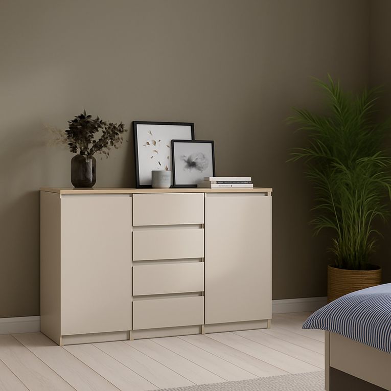 Credenza Beige 4 Cassetti 2 Ripiani 121x50x91h cm, Apertura Battente, Scorrevole - Angelika