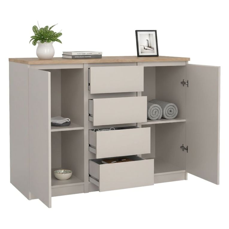 Credenza Beige 4 Cassetti 2 Ripiani 121x50x91h cm, Apertura Battente, Scorrevole - Angelika