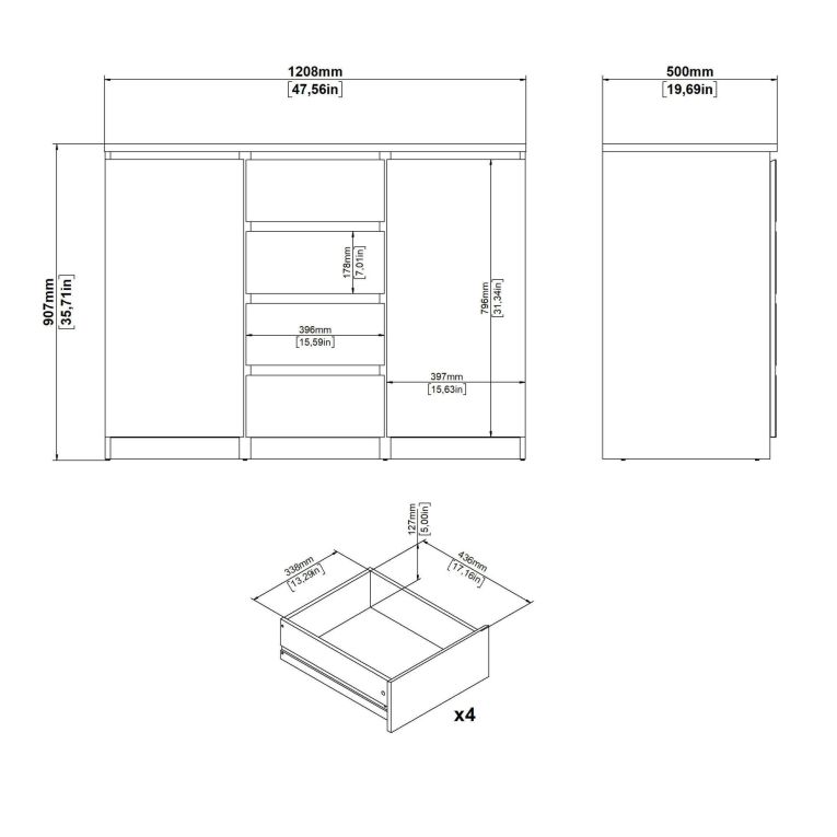 Credenza Beige 4 Cassetti 2 Ripiani 121x50x91h cm, Apertura Battente, Scorrevole - Angelika