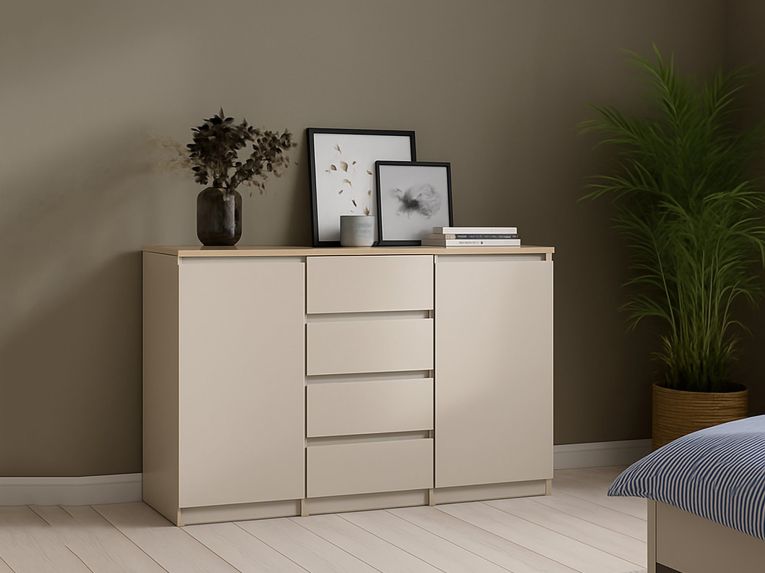 Credenza Beige 4 Cassetti 2 Ripiani 121x50x91h cm, Apertura Battente, Scorrevole - Angelika