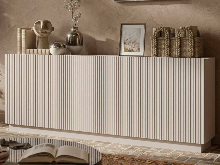 Credenza Beige 4 Ripiani 4 Ante 200x40x78h cm, 8 Vani - Masainas
