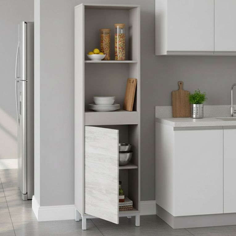 Credenza Beige Bianco Anticato Cassetti 3 Ripiani 49x28x174h cm, Apertura Push Pull - Spineda