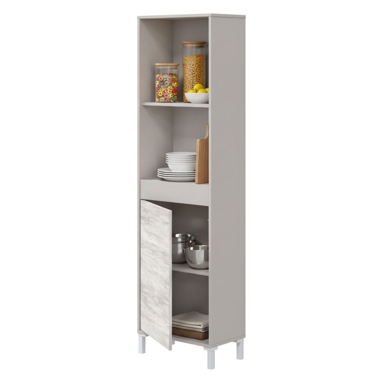 Credenza Beige Bianco Anticato Cassetti 3 Ripiani 49x28x174h cm, Apertura Push Pull - Spineda