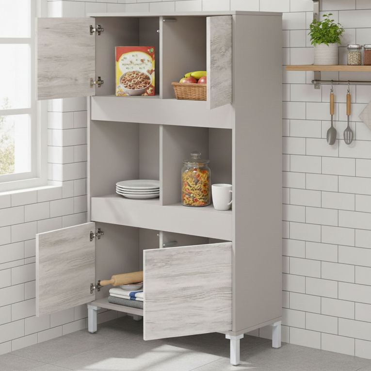 Credenza Beige Bianco Cassetti 3 Ripiani 78x33x134h cm, Apertura Push Pull - Mezzate