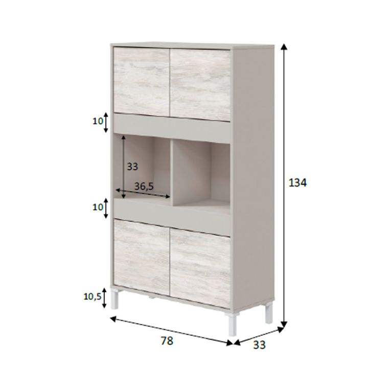 Credenza Beige Bianco Cassetti 3 Ripiani 78x33x134h cm, Apertura Push Pull - Mezzate