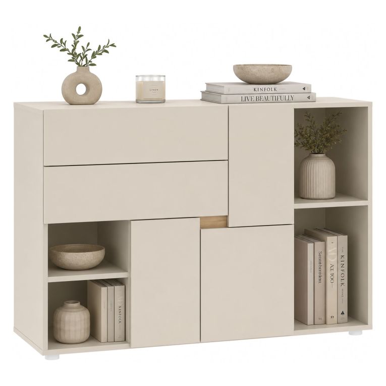 Credenza Beige Cashmere 2 Ripiani 2 Cassetti 120x42x84h cm, 3 Ante - Lerimi