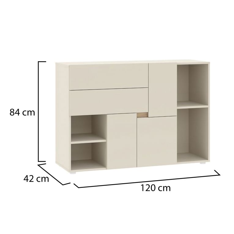 Credenza Beige Cashmere 2 Ripiani 2 Cassetti 120x42x84h cm, 3 Ante - Lerimi