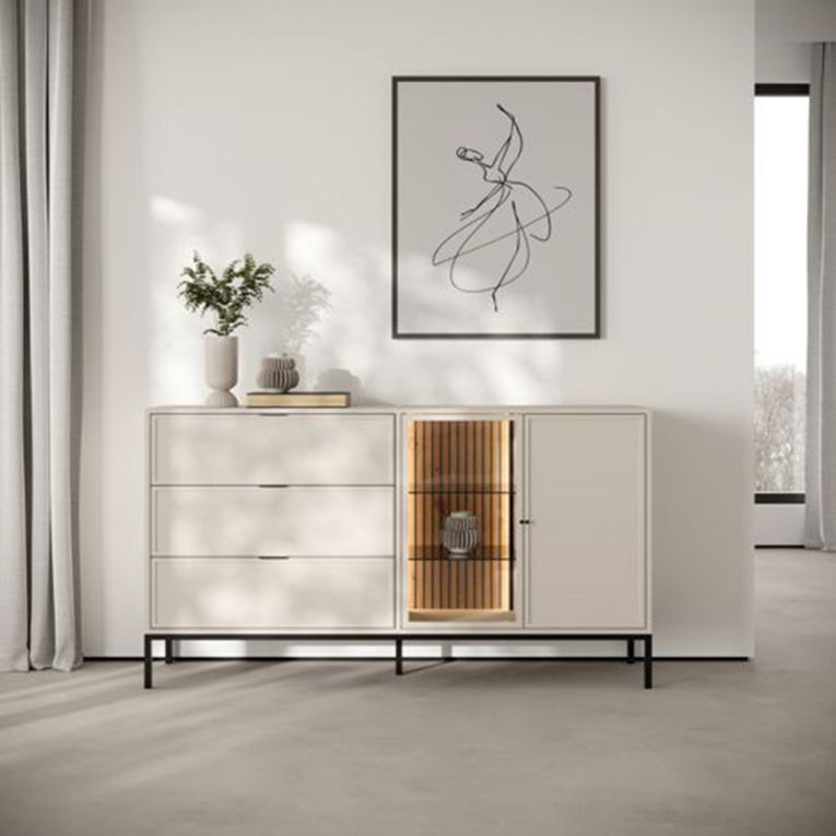 Credenza Beige Cashmere 3 Cassetti 3 Ripiani 150x40x92h cm, 5 Vani - Leriti