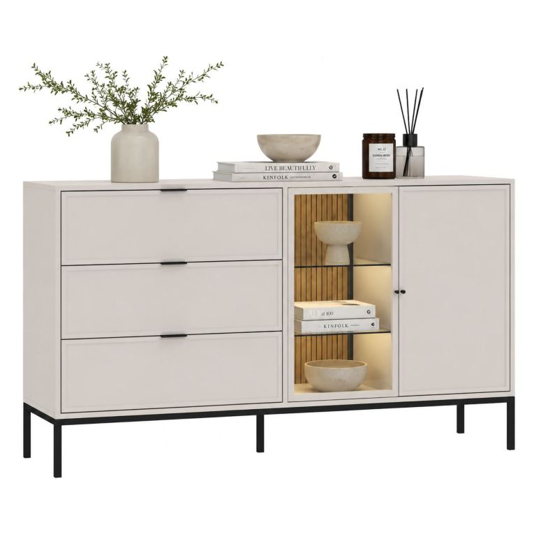 Credenza Beige Cashmere 3 Cassetti 3 Ripiani 150x40x92h cm, 5 Vani - Leriti