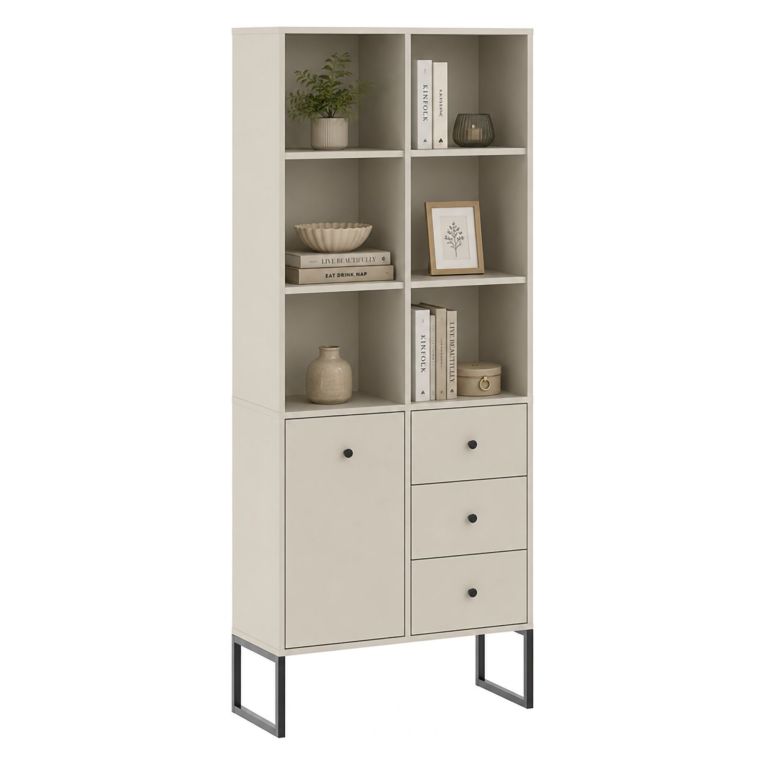 Credenza Beige Cashmere 3 Cassetti 5 Ripiani 77x33x180h cm, Apertura Battente, Scorrevole - Lerena