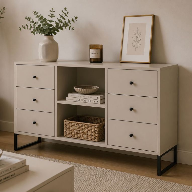Credenza Beige Cashmere 6 Cassetti un Ripiano 112x33x82h cm, 2 Vani - Lerata