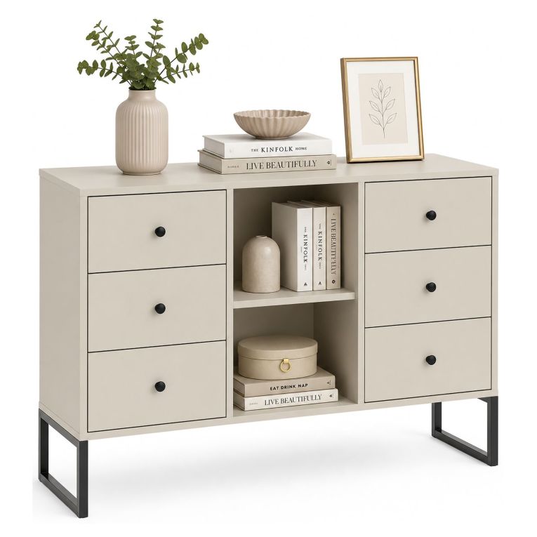 Credenza Beige Cashmere 6 Cassetti un Ripiano 112x33x82h cm, 2 Vani - Lerata
