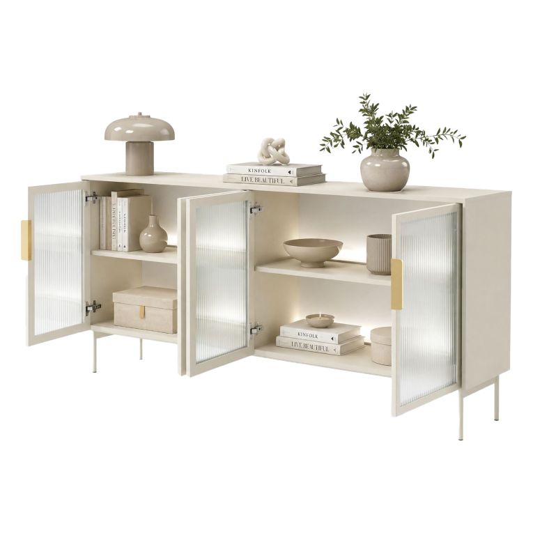 Credenza Beige Cashmere Trasparente 4 Ripiani Apertura Battente 181x39x83h cm, 4 Ante - Hapa