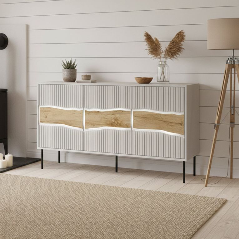 Credenza Beige Cashmere un Ripiano Apertura Battente 144x40x80h cm, 3 Ante - Saliceto