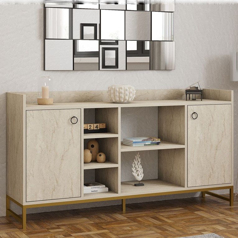 Credenza Beige Marmo 3 Ripiani 2 Ante 160x40x85h cm, 7 Vani - Gorzegno