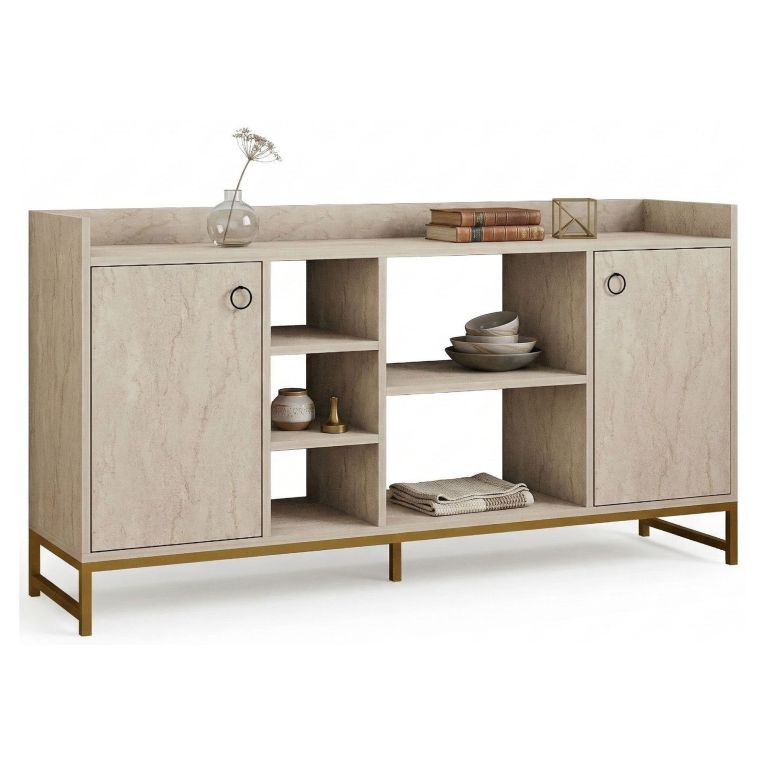 Credenza Beige Marmo 3 Ripiani 2 Ante 160x40x85h cm, 7 Vani - Gorzegno