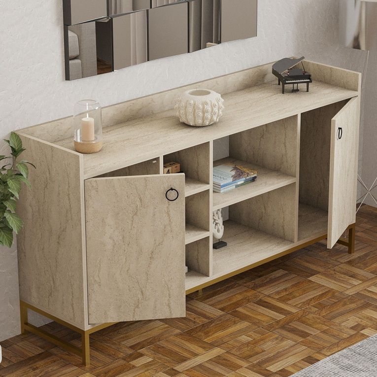 Credenza Beige Marmo 3 Ripiani 2 Ante 160x40x85h cm, 7 Vani - Gorzegno