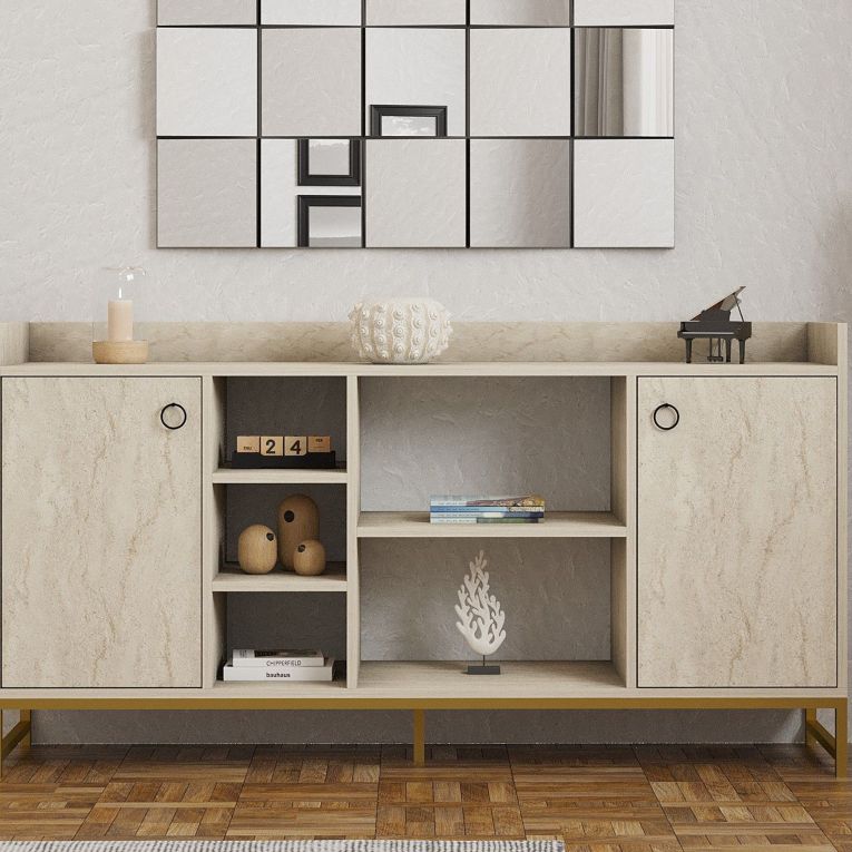 Credenza Beige Marmo 3 Ripiani 2 Ante 160x40x85h cm, 7 Vani - Gorzegno