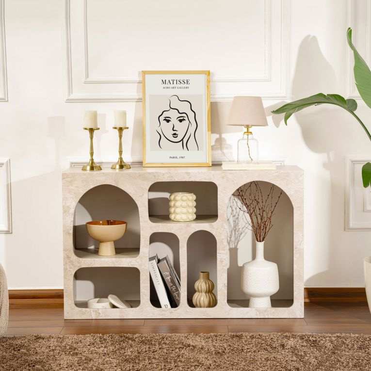Credenza Beige Marmo 6 Ripiani 6 Vani 120x37x74h cm, Peso Supportato 4 kg - Arsenioiu