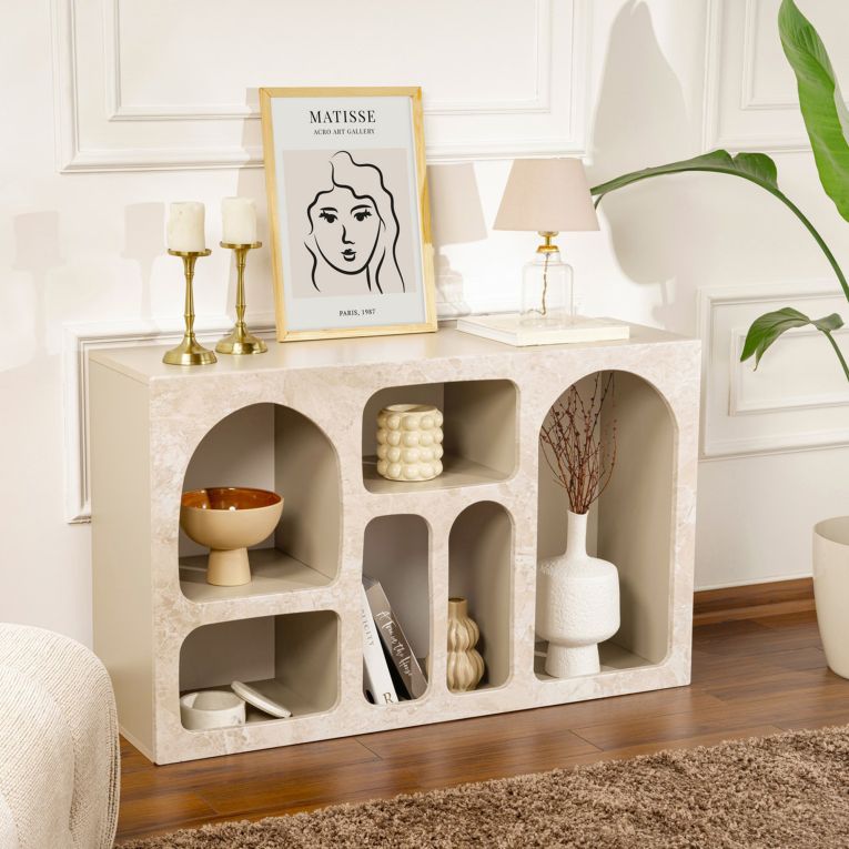 Credenza Beige Marmo 6 Ripiani 6 Vani 120x37x74h cm, Peso Supportato 4 kg - Arsenioiu