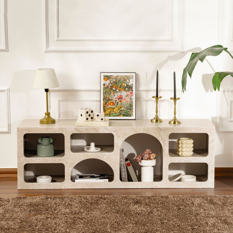 Credenza Beige Marmo 6 Ripiani 6 Vani 160x40x51h cm, Peso Supportato 45 kg - Arsenio