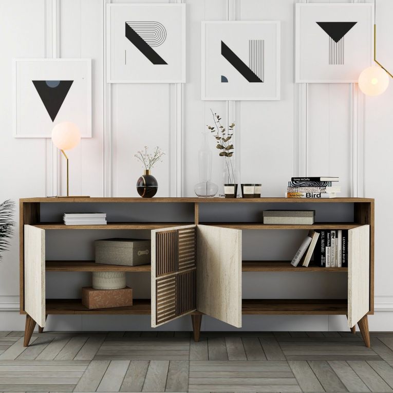 Credenza Beige Marmo Marrone Marmo 2 Ripiani 4 Ante 180x35x78h cm, 6 Vani - Roattos