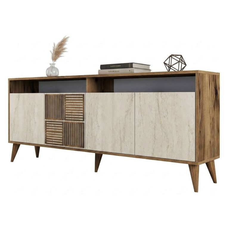 Credenza Beige Marmo Marrone Marmo 2 Ripiani 4 Ante 180x35x78h cm, 6 Vani - Roattos