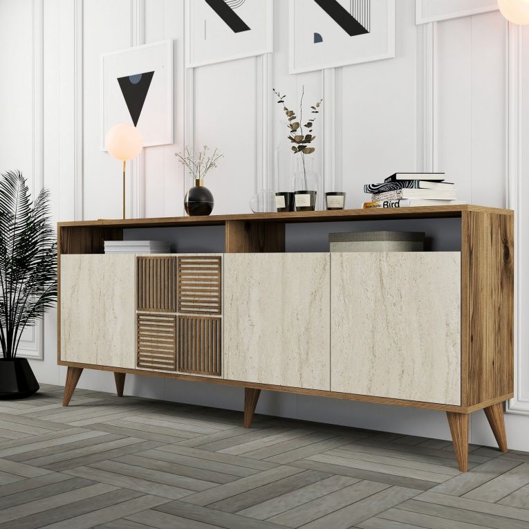 Credenza Beige Marmo Marrone Marmo 2 Ripiani 4 Ante 180x35x78h cm, 6 Vani - Roattos