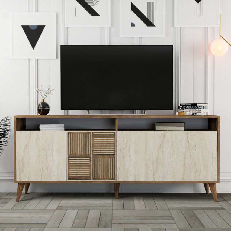 Credenza Beige Marmo Marrone Marmo 2 Ripiani 4 Ante 180x35x78h cm, 6 Vani - Roattos