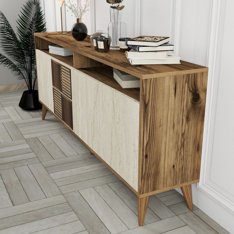 Credenza Beige Marmo Marrone Marmo 2 Ripiani 4 Ante 180x35x78h cm, 6 Vani - Roattos