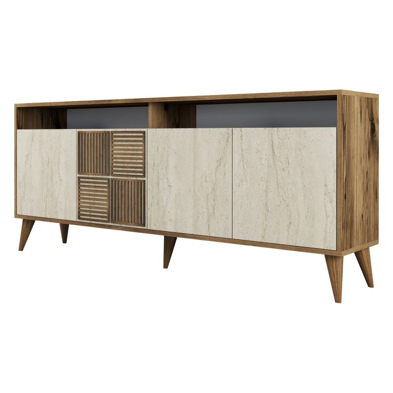 Credenza Beige Marmo Marrone Marmo 2 Ripiani 4 Ante 180x35x78h cm, 6 Vani - Roattos