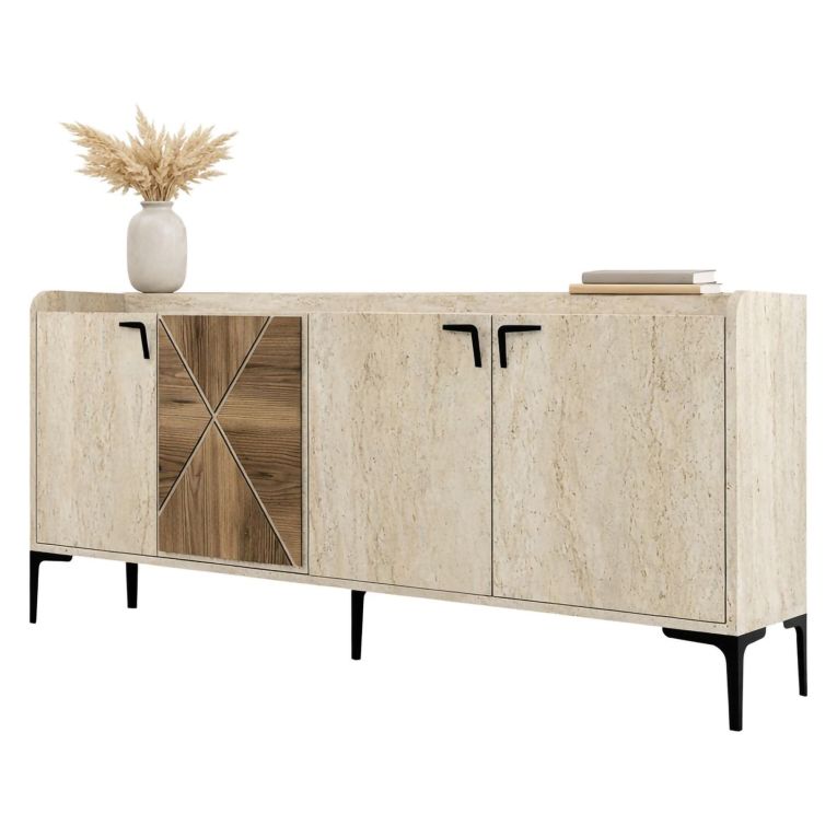 Credenza Beige Marmo Marrone Marmo 2 Ripiani 4 Vani 180x35x78h cm, 4 Ante - Roatto