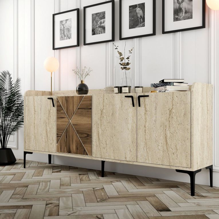 Credenza Beige Marmo Marrone Marmo 2 Ripiani 4 Vani 180x35x78h cm, 4 Ante - Roatto