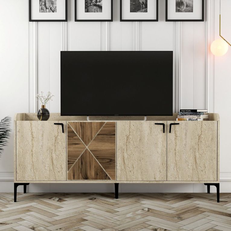 Credenza Beige Marmo Marrone Marmo 2 Ripiani 4 Vani 180x35x78h cm, 4 Ante - Roatto