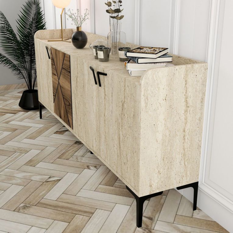 Credenza Beige Marmo Marrone Marmo 2 Ripiani 4 Vani 180x35x78h cm, 4 Ante - Roatto