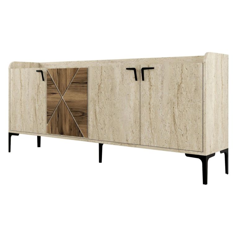 Credenza Beige Marmo Marrone Marmo 2 Ripiani 4 Vani 180x35x78h cm, 4 Ante - Roatto