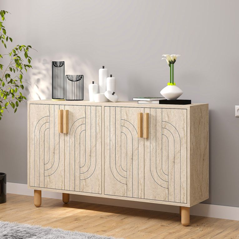Credenza Beige Marmo Marrone Rovere 2 Ripiani 4 Ante 120x30x74h cm, 4 Vani - Venerina