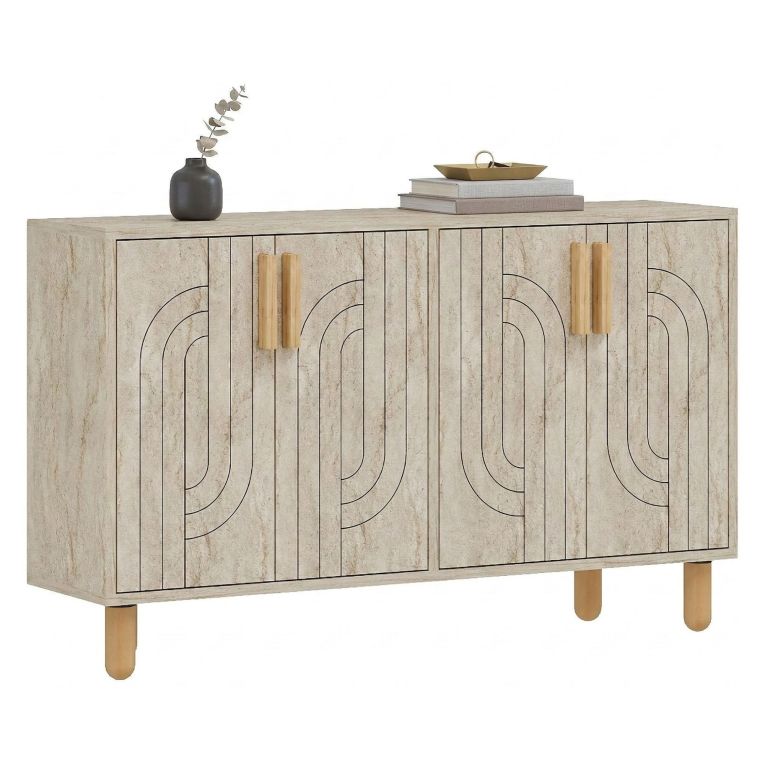 Credenza Beige Marmo Marrone Rovere 2 Ripiani 4 Ante 120x30x74h cm, 4 Vani - Venerina