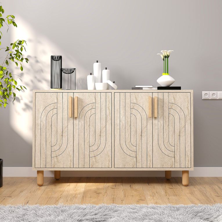 Credenza Beige Marmo Marrone Rovere 2 Ripiani 4 Ante 120x30x74h cm, 4 Vani - Venerina
