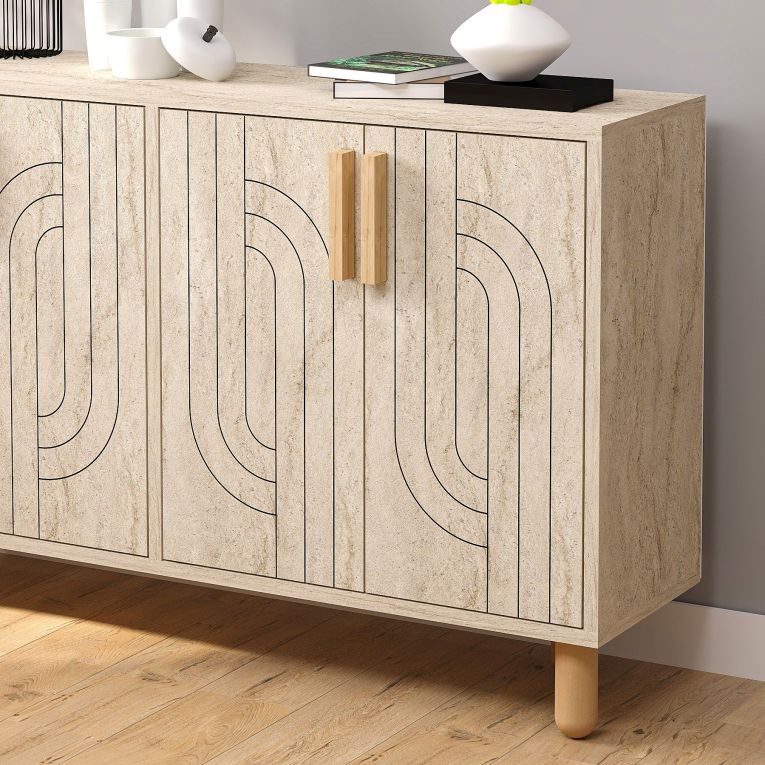 Credenza Beige Marmo Marrone Rovere 2 Ripiani 4 Ante 120x30x74h cm, 4 Vani - Venerina