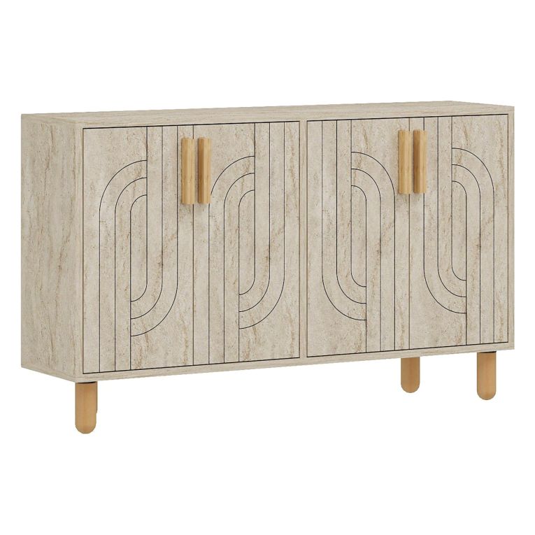 Credenza Beige Marmo Marrone Rovere 2 Ripiani 4 Ante 120x30x74h cm, 4 Vani - Venerina