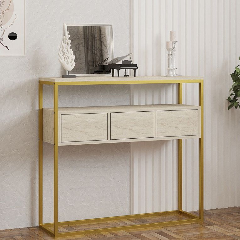 Credenza Beige Marmo oro 4 Vani 3 Ante 90x34x70h cm, Apertura a Ribalta - Gemonio