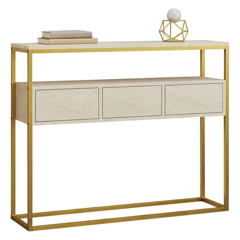 Credenza Beige Marmo oro 4 Vani 3 Ante 90x34x70h cm, Apertura a Ribalta - Gemonio
