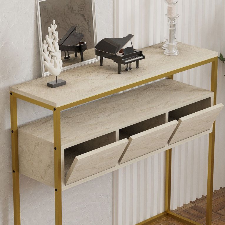 Credenza Beige Marmo oro 4 Vani 3 Ante 90x34x70h cm, Apertura a Ribalta - Gemonio