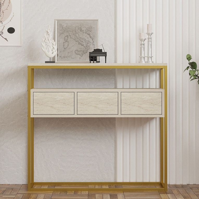 Credenza Beige Marmo oro 4 Vani 3 Ante 90x34x70h cm, Apertura a Ribalta - Gemonio