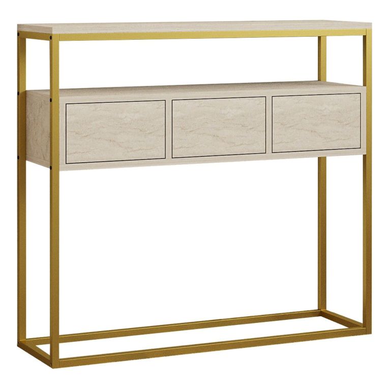 Credenza Beige Marmo oro 4 Vani 3 Ante 90x34x70h cm, Apertura a Ribalta - Gemonio
