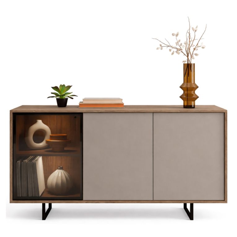 Credenza Beige Marrone Noce 3 Ripiani Apertura Battente 184x40x87h cm, 3 Ante - Terinese