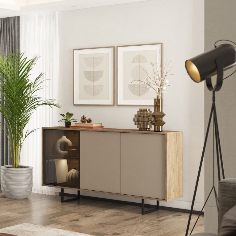 Credenza Beige Marrone Noce 3 Ripiani Apertura Battente 184x40x87h cm, 3 Ante - Terinese