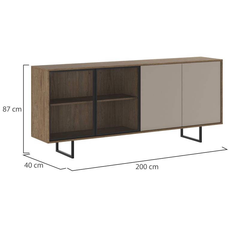 Credenza Beige Marrone Noce 3 Ripiani Apertura Battente 200x40x87h cm, 4 Ante - Malnate